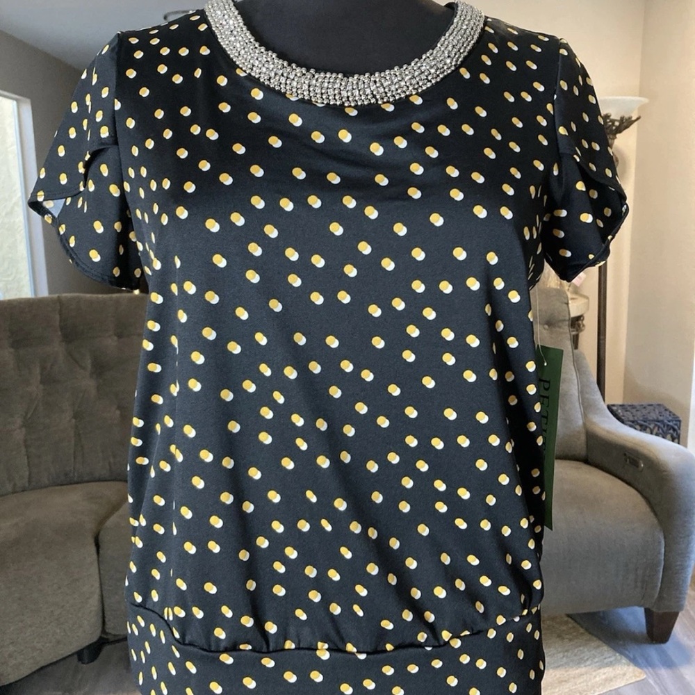 Perseption Beaded Neckline Blouse Black Polka Dot Women’s M Petite